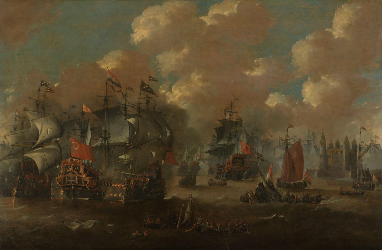 La batalla del estrecho con el Eendracht enfrentándose a dos barcos de guerra suecos, 1658 de Anonymous