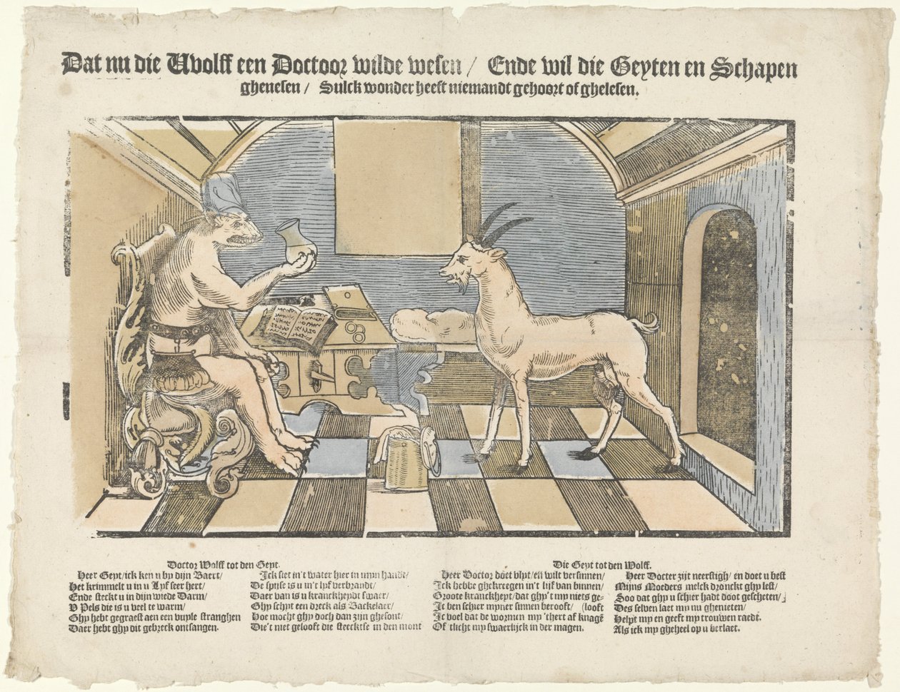 El lobo y la cabra
El lobo y la cabra
Dat nu die wholff een doctoor wilde wesen / Ende wil die geyten en schapen / ghenesen / Sulck wonder heeft niemandt gehoort of ghelesen (título en el objeto) de Anonymous
