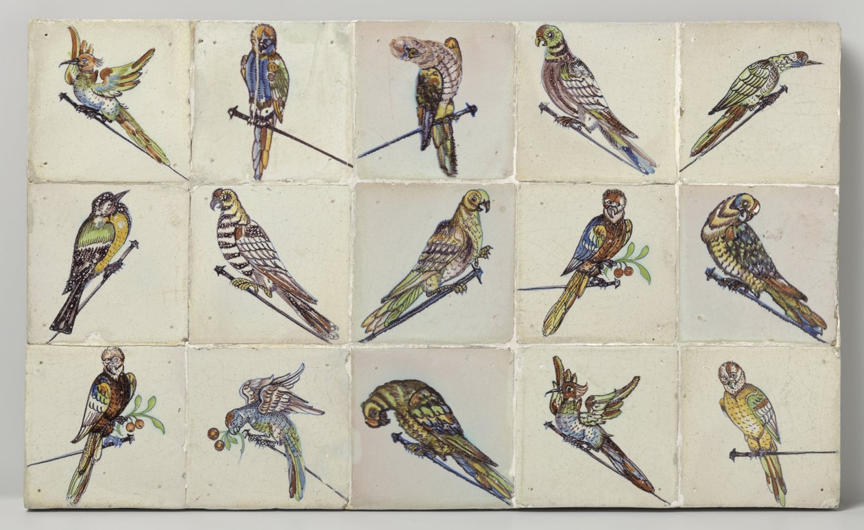 Panel de azulejos con pájaros posados ​​en clavos Campo de quince tejas de Anonymous