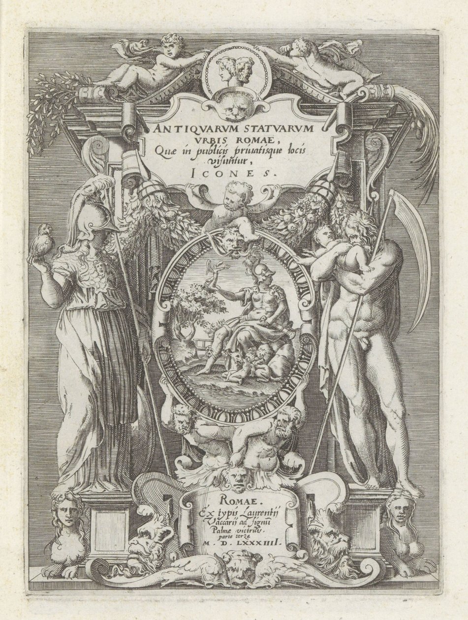 Titelprent conoció a Roma, Minerva en Saturnus Antieke sculptn en Roma (título de la serie) íconos de estatuas antiguas de la ciudad de Roma que se ven en lugares públicos (título de la serie sobre el objeto) de Anonymous