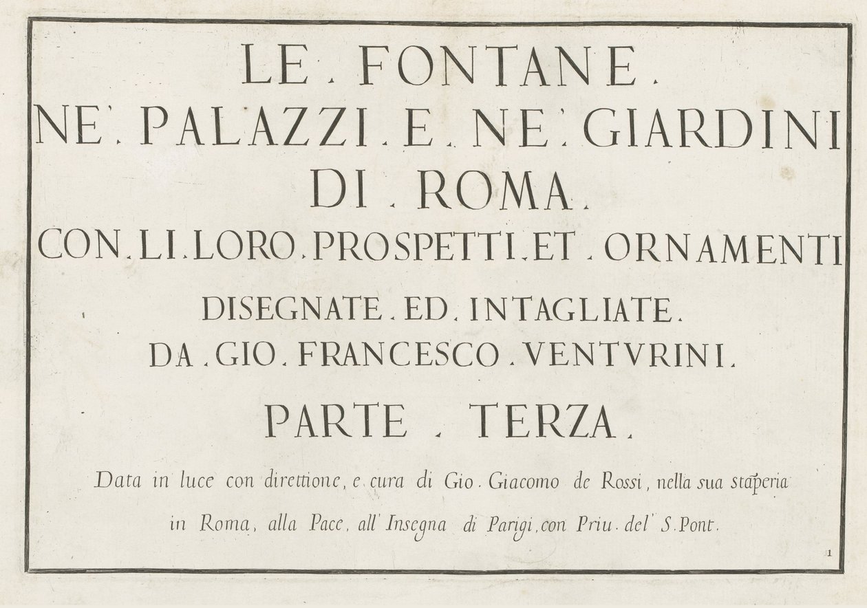 Impresión de título con título enmarcado Le fontane ne palazzi e ne giardini di Roma (título de la serie) Fuentes en los Palacios y Jardines de Roma (título de la serie) de Anonymous