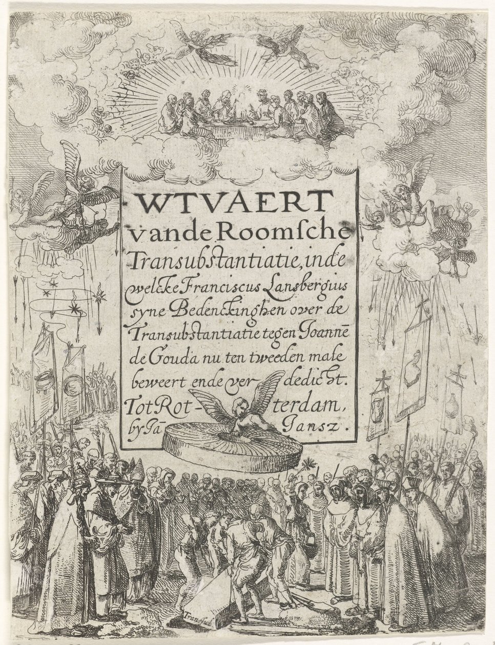 Impresión del título del folleto Wtvaert vande Roman Transubstantiatie, 1612 Wtvaert vande Roman Transubstanciation, en el welcke Franciscus Lansbergius syne Bedenckinghen sobre la Transubstanciación contra Joannes de Gouda afirma ahora por segunda vez end de Anonymous