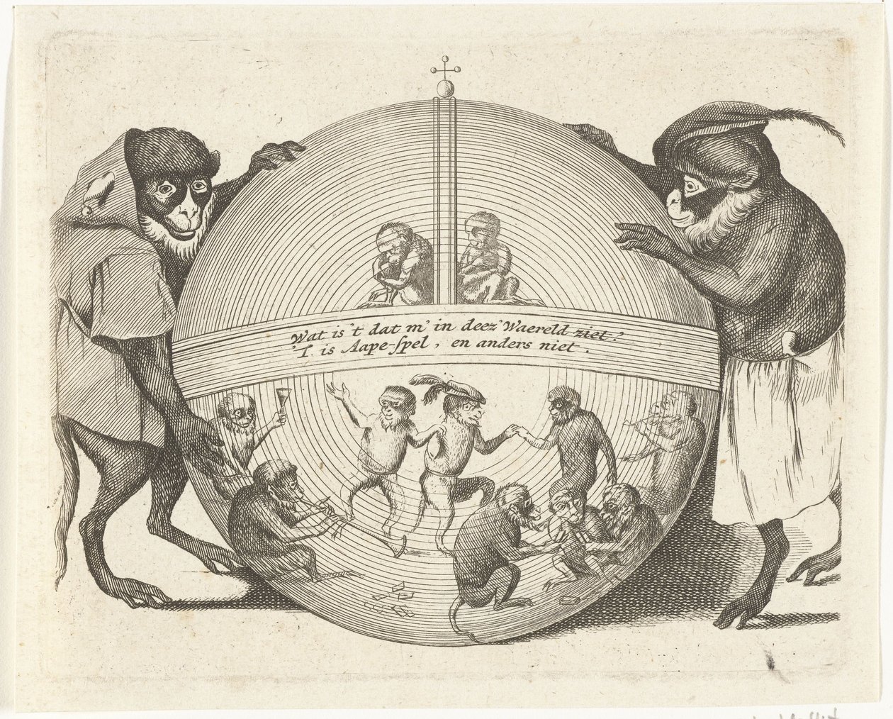 Dos monos sosteniendo un globo Varias empresas de la vida humana presentadas por simios (título de la serie) ¿Qué es lo que me ve en este mundo? / Es un juego de Aape, y no de otro modo (título de la serie en el objeto) de Anonymous