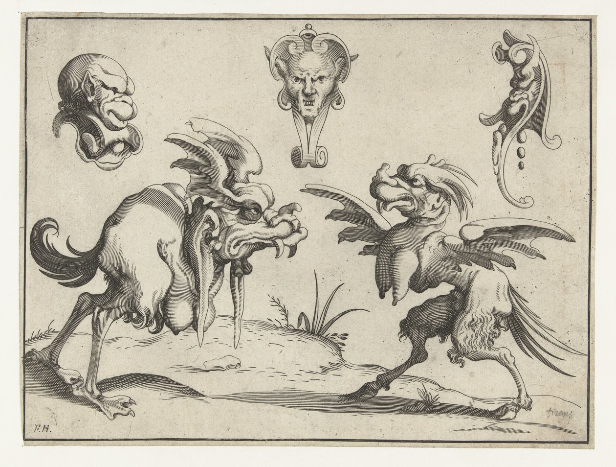 Dos monstruos con tres máscaras encima de ellos. Figuras grotescas rodeadas por una línea de encuadre (título de la serie) de Anonymous