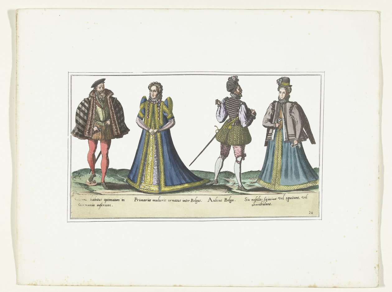 Dos mujeres y dos hombres vestidos según la moda en Renania del Norte-Westfalia y Flandes, hacia 1580 Vestuario Bas-Allemands et Flamands (título sobre el objeto) de Anonymous