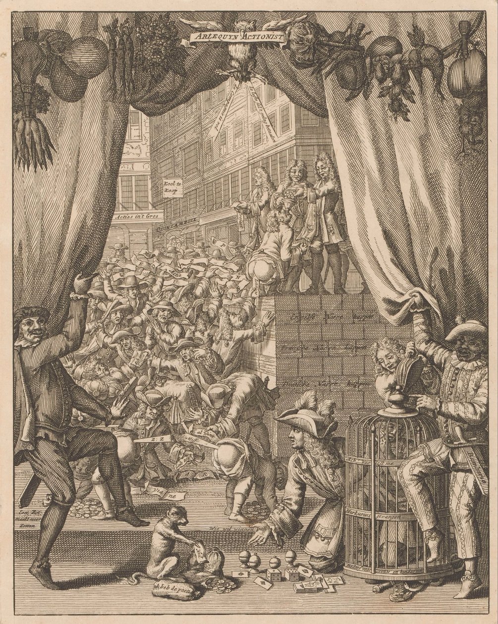 Explicación de la placa Arlequín Accionista, 1720 Arlequyn Actionist (título sobre el objeto) Explicación de Tytelplaat, para Arlequyn Actionist (título sobre objeto) La gran escena de la locura (título de la serie) de Anonymous