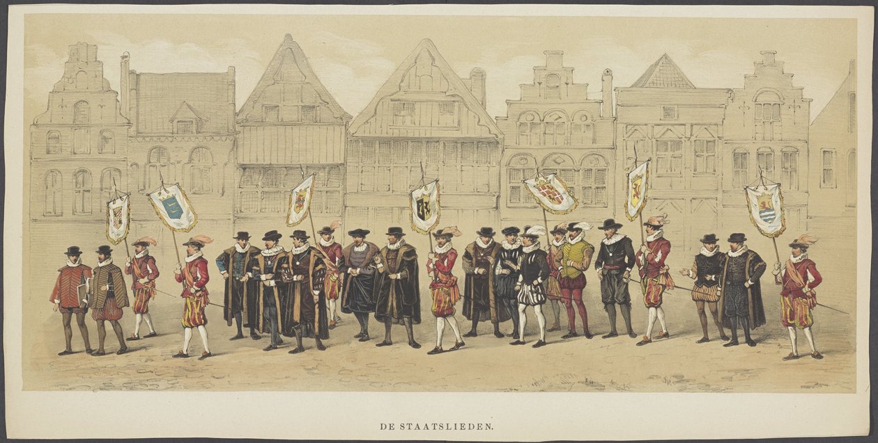 Mascarada de Utrecht, lámina c: Estadistas, 1856 Los estadistas (título sobre objeto) Los Fundadores de la Libertad Holandesa, (época de Guillermo I) presentados por S.H. miembros del cuerpo de estudiantes de Utrecht, en celebración del 220 aniversario de  de Anonymous