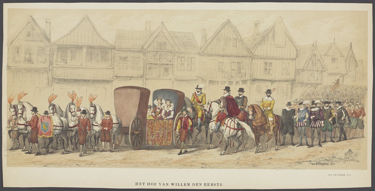 Mascarada de Utrecht, placa e: la corte, 1856 La corte de Guillermo I (título sobre el objeto) Los Fundadores de la Libertad Holandesa, (época de Guillermo I) presentados por S.H. miembros del cuerpo estudiantil de Utrecht, en celebración del 220 aniversar de Anonymous
