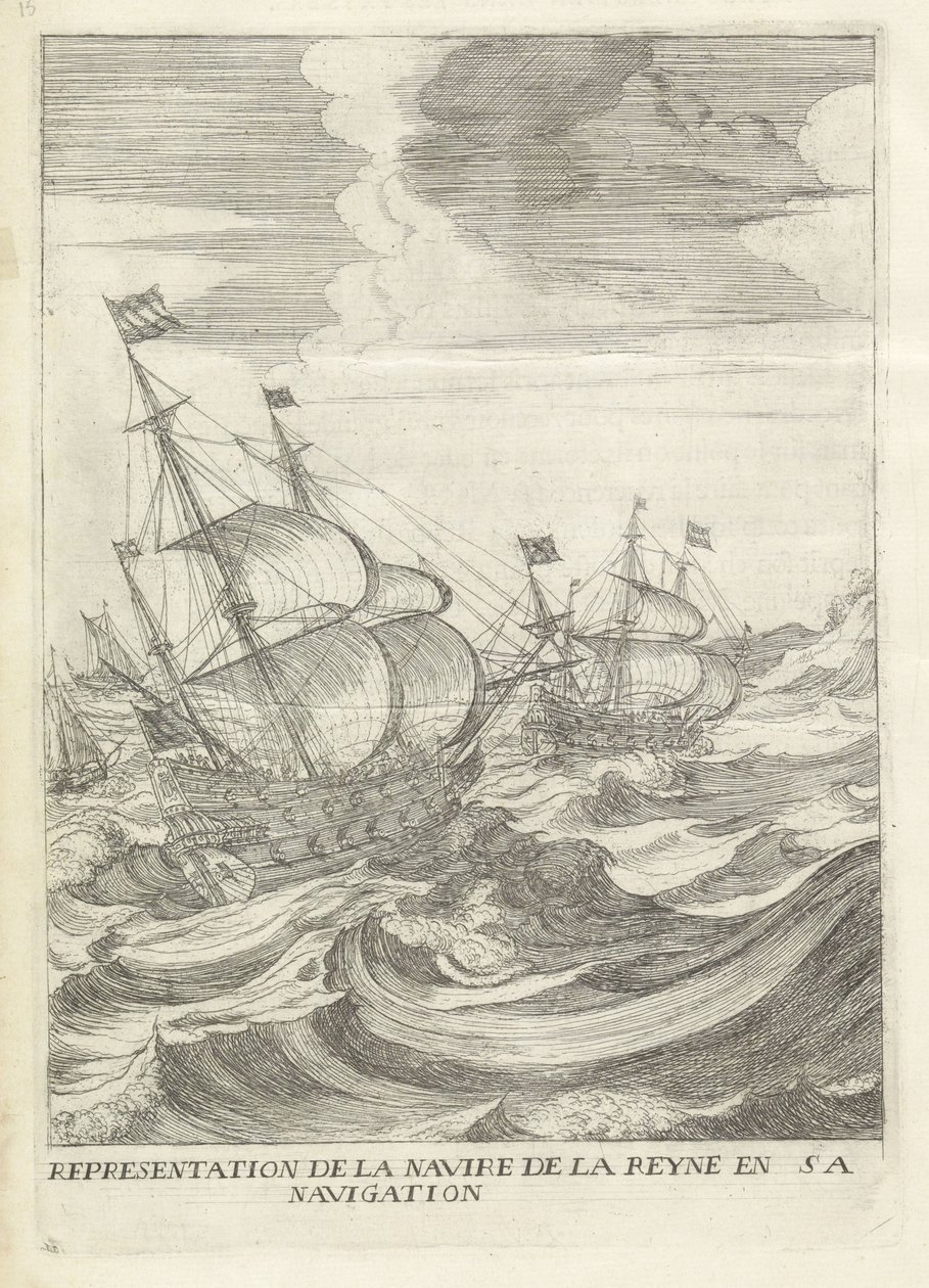 Vertrek de María de Médicis Representación del barco de la reina en su navegación (título sobre objeto) Historia de la Entrada de la Reina Madre del Rey Cristianísimo en las Provincias Unidas de los Países Bajos. (título de la serie) de Anonymous