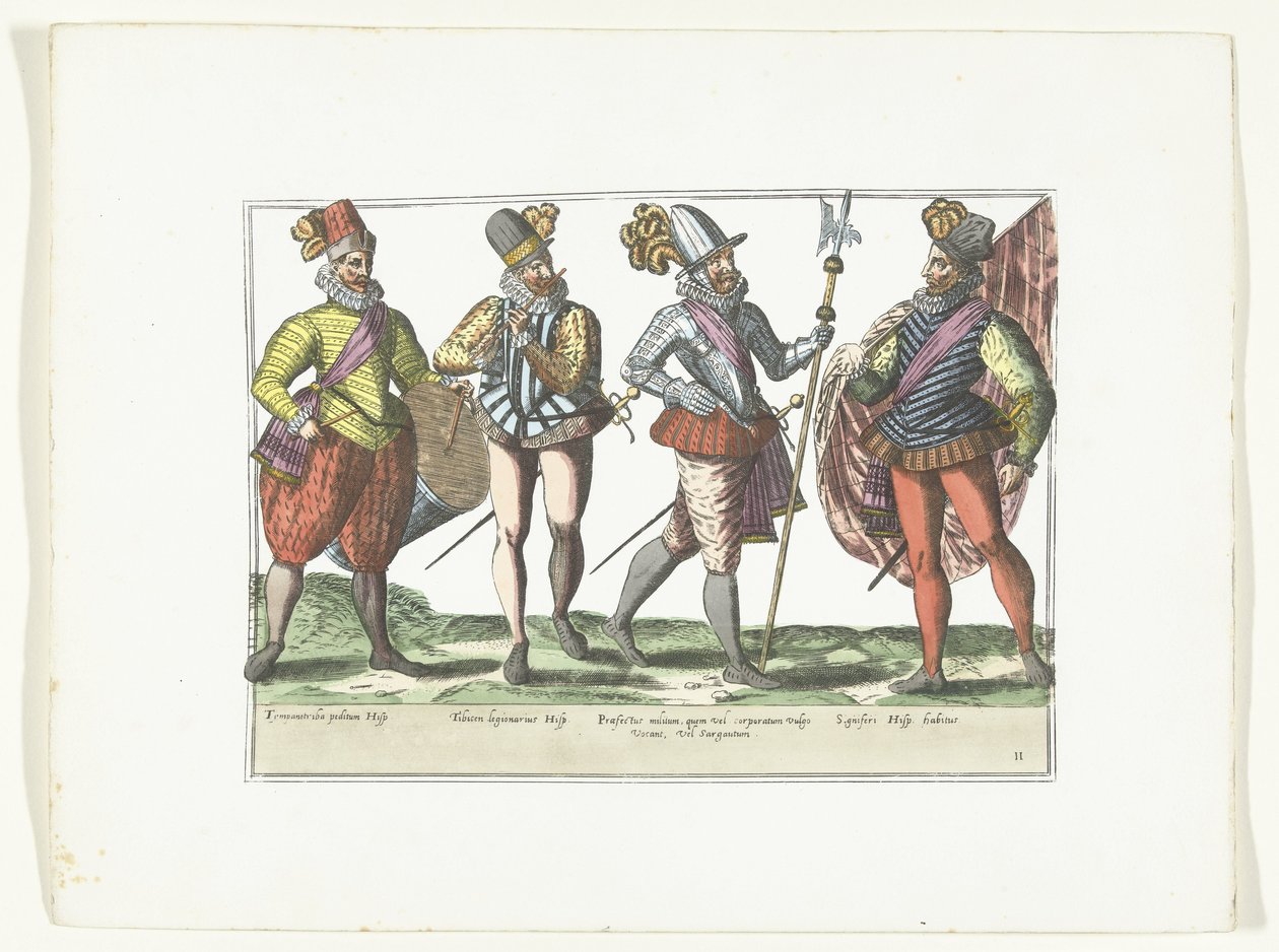 Cuatro soldados españoles en uniforme, c.1580 Trajes militares españoles (título sobre objeto) de Anonymous