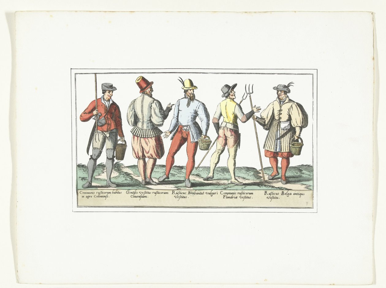 Cuatro campesinos vestidos a la moda actual y uno a la antigua, hacia 1580 Modes Rusticiques (título sobre objeto) de Anonymous