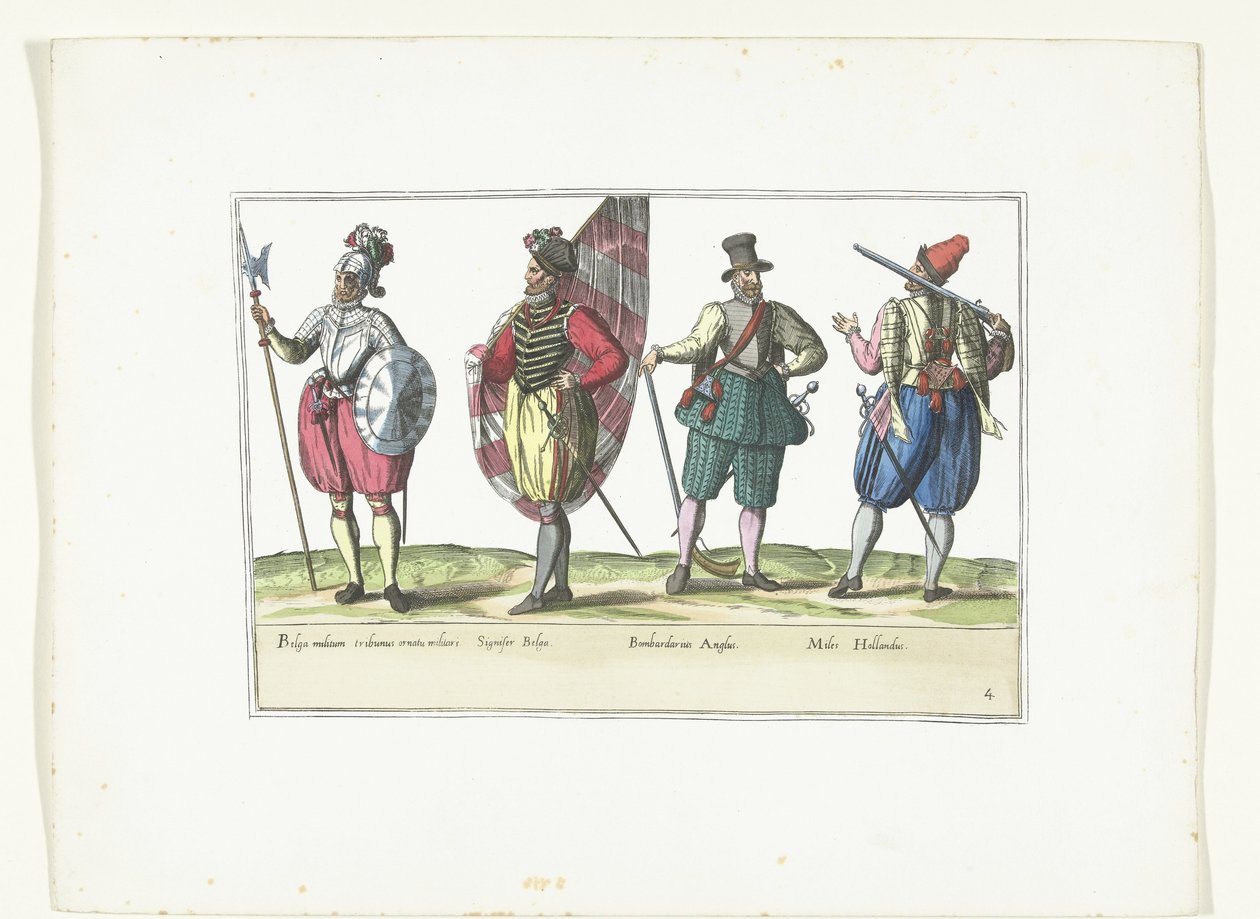 Cuatro soldados con uniformes según la moda en los Países Bajos e Inglaterra, hacia 1580 Costumes Militaires des Pays-Bas (título sobre el objeto) de Anonymous