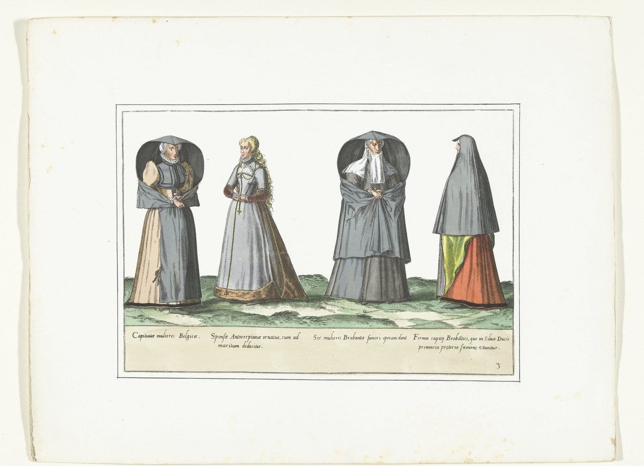 Cuatro mujeres vestidas a la moda en Amberes, Brabante y 