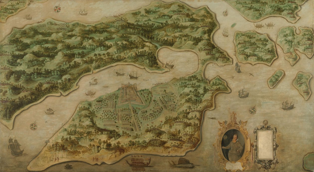 Vista de Ambon
Vista de Ambon a vista de pájaro, con un retrato de Frederik Houtman (1571-1627) en una cartela de Anonymous
