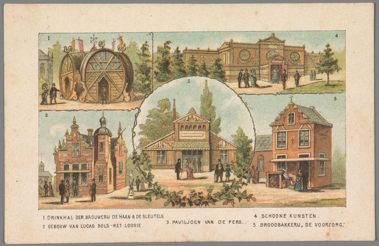 Cinco pabellones en la Feria Mundial de Ámsterdam, 1883
1 Sala de bebidas de la cervecería De Haan & De Keys. 2 Edificio de Lucas Bols - Het Loosie. 3 Pabellón de la prensa. 4 Bellas Artes. 5 Panadería De Voorzorg. (título en el objeto)
Memoria aa de Anonymous