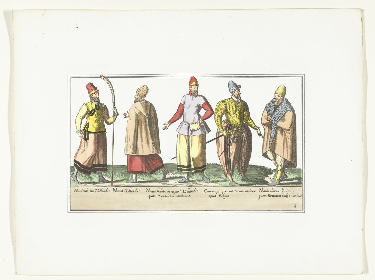 Cinco marineros vestidos a la moda de los Países Bajos y Bretaña, hacia 1580 Trajes marins (título sobre objeto) de Anonymous