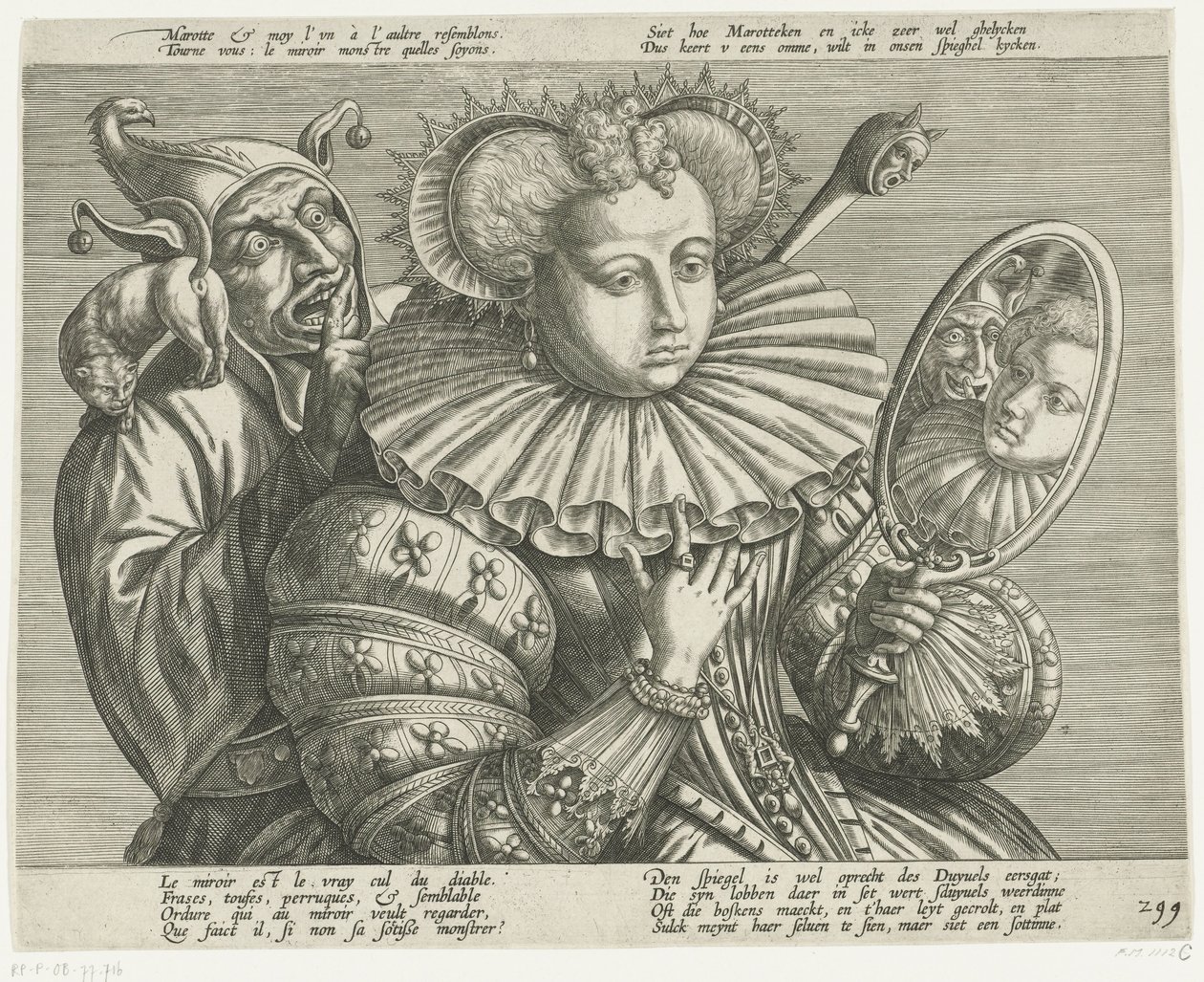 Mujer con espejo y bufón: caricatura sobre la preciosa gorguera rígida, hacia 1600 de Anonymous