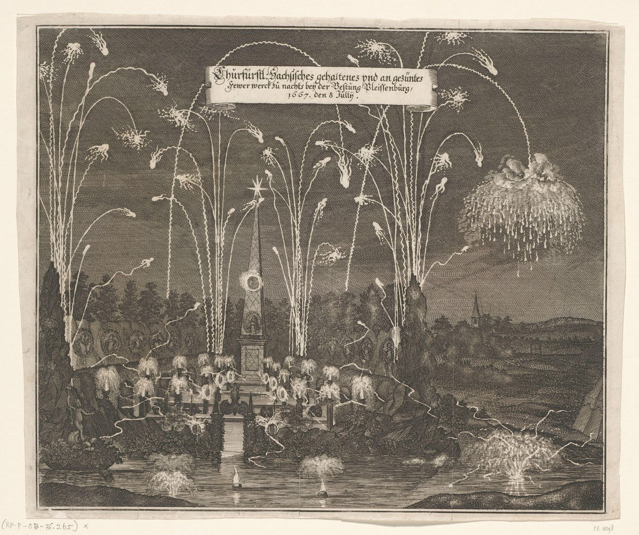 Fuegos artificiales en Pleißenburg, 8 de julio de 1667 Churfürstl: Sachsisches gehaltenes und an gezentes Fewer werck zu nachts beij la fortaleza Pleissenburg, 1667, 8 de julio (título sobre el objeto) de Anonymous