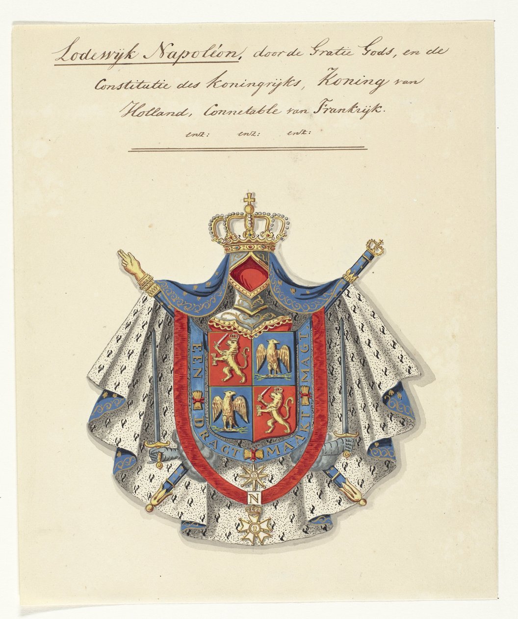 Escudo de Luis Napoleón Bonaparte, rey de Holanda
Luis Napoleón, por la gracia de Dios y la constitución del reino, rey de Holanda, connetable de Francia (título en el objeto) de Anonymous