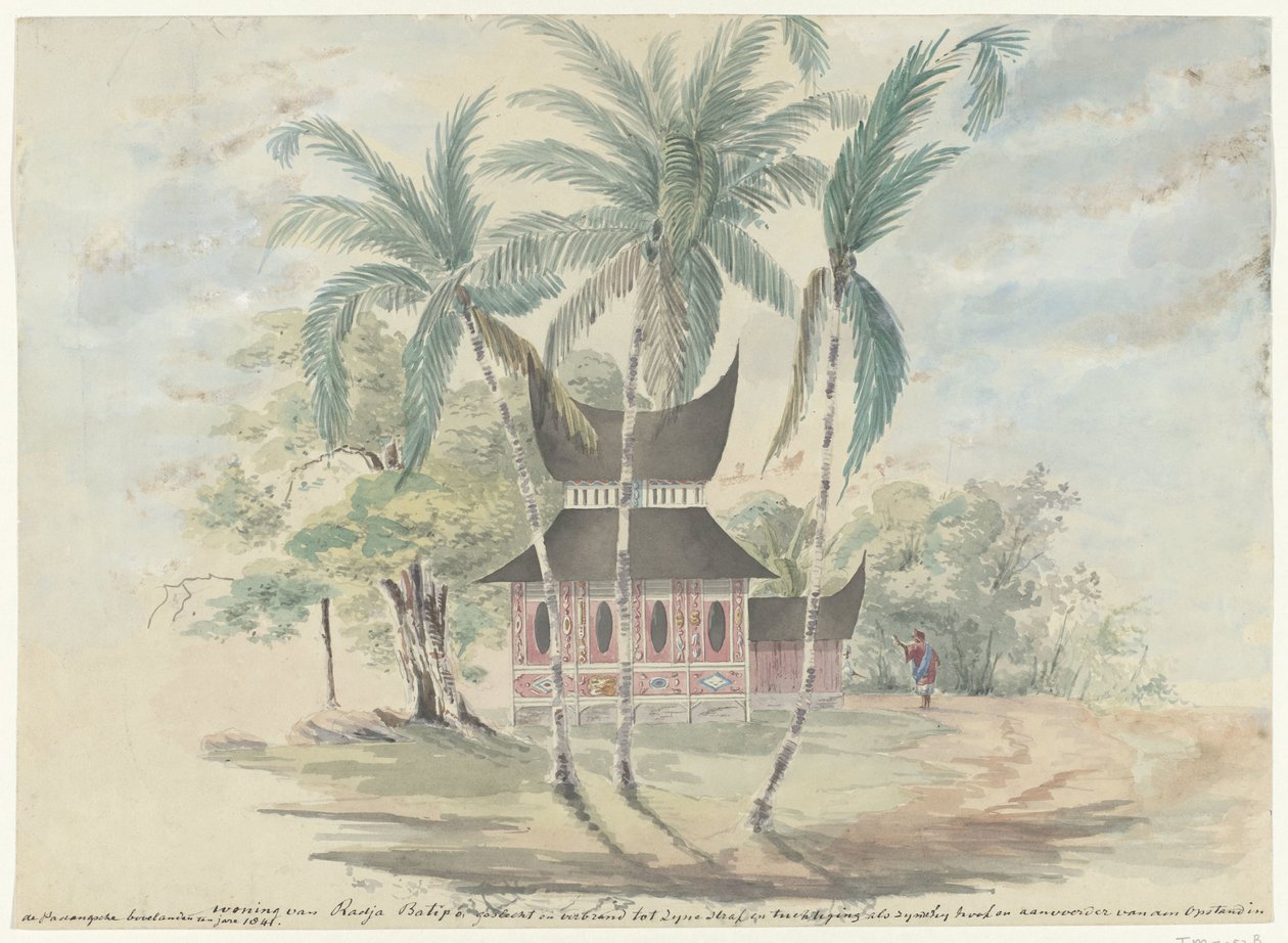 Vivienda de Radja Batipo, demolida y quemada para su castigo y disciplina, ya que fue jefe y líder de la Rebelión en las tierras altas de Padang en el año 1841 (título en el objeto) de Anonymous