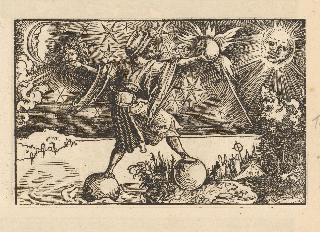 Sol y luna y un hombre equilibrando los cuatro elementos. de Anonymous