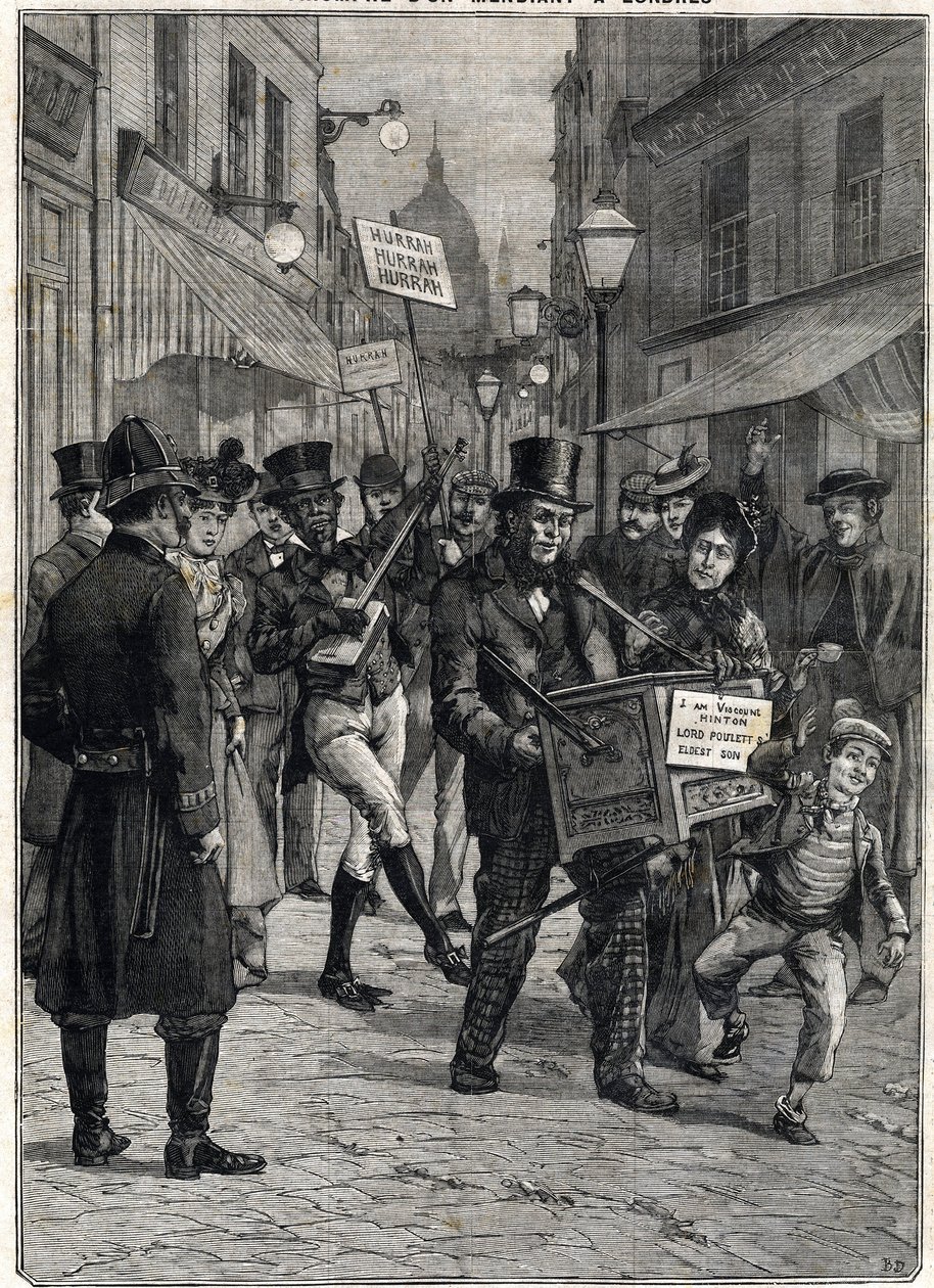 Un mendigo llamado Vizconde Hinton, un bárbaro organillero en las calles de Londres, se convirtió en millonario tras la muerte de su padre Lord Poulett, quien le dejó su fortuna. Grabado. En "Le Petite Parisien", el 12/02/1899. Colección privada de Anonymous Anonymous
