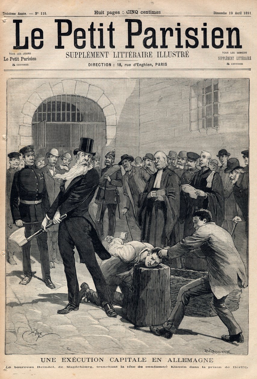 Una ejecución capital en Alemania. El verdugo Friedrich Reindel (1824-1908) de Magdeburgo, cortando la cabeza del convicto Klausin en la prisión de Berlín. Grabado en “Le petit Parisien” del 19-04-1891. Colección privada. de Anonymous Anonymous