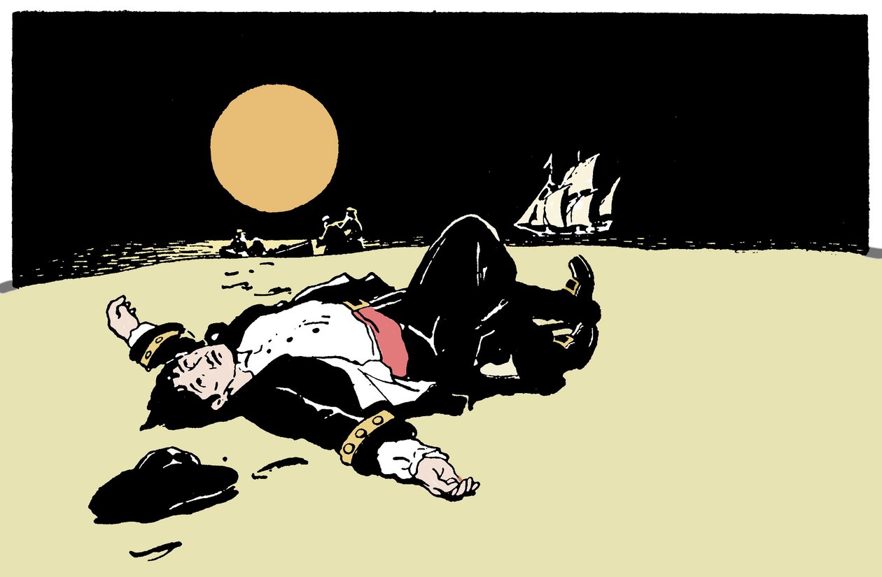 Un capitán asesinado por piratas es abandonado en una isla, el barco pirata se aleja en el horizonte. Ilustración de 