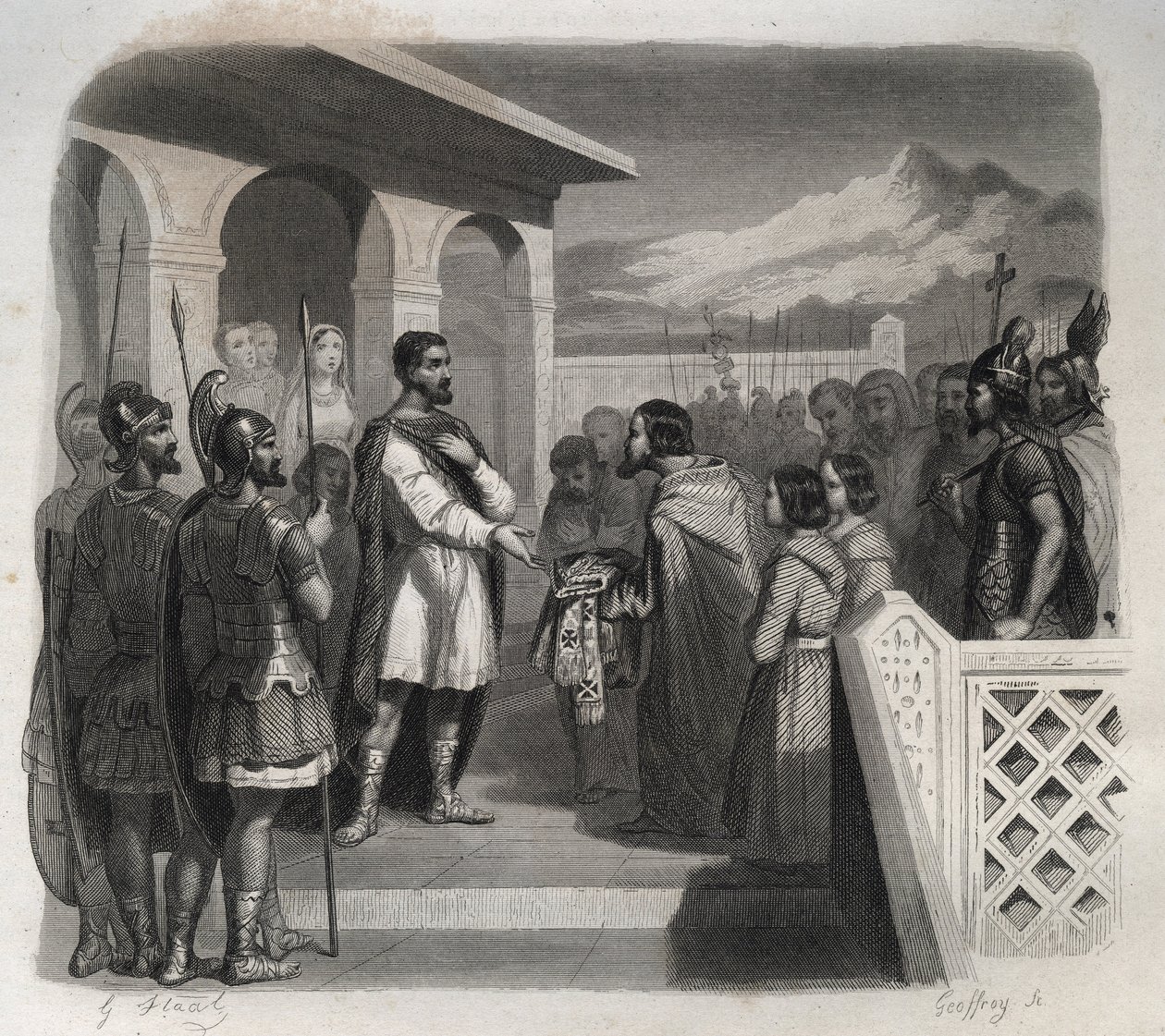 Una delegación de la ciudad de Clermont ofrece el episcopado a San Sidoine Apollinar (Caius Sollius Apollinaris Sidonius) político, obispo y escritor galo-romano (430-486). Grabado de 1846 en “Vidas de los santos”. Colección privada de Anonymous Anonymous