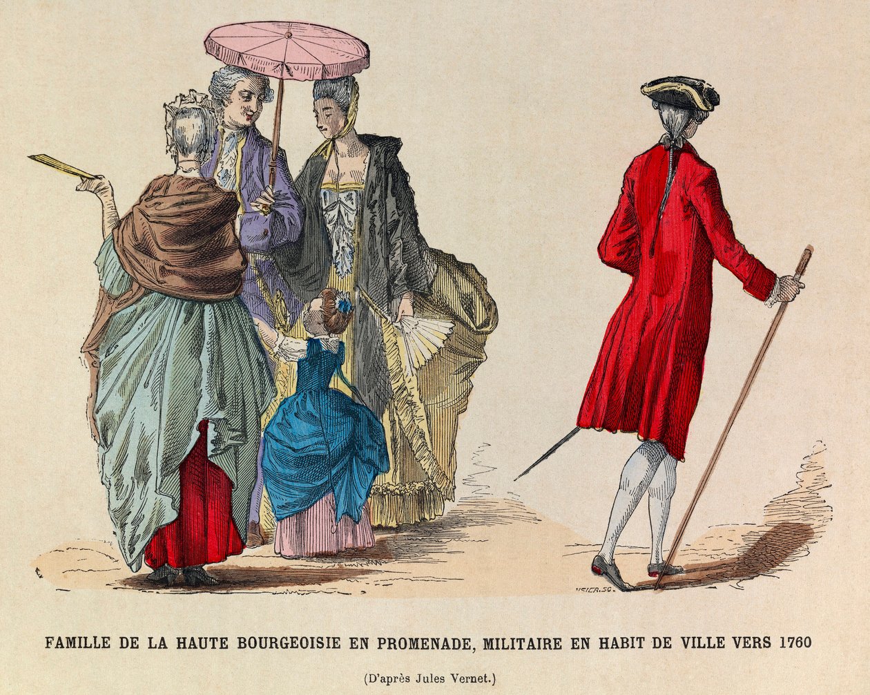 Una familia de alta burguesía paseando y un soldado en traje de ciudad en 1760 (reinado del Rey Luis XV) - colección privada de Anonymous Anonymous