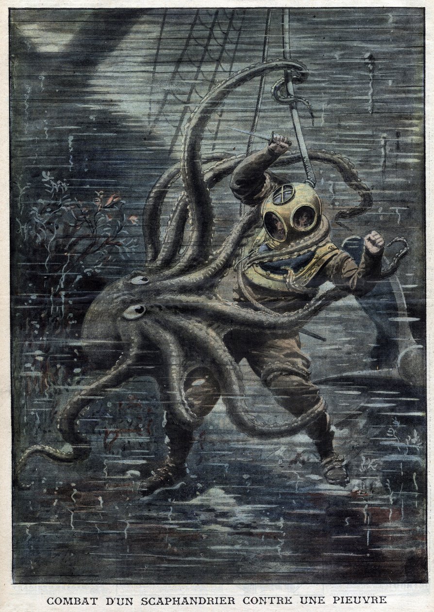 Un enorme pulpo casi logra vencer al buzo americano Martin Lund - Un Pulpo Gigante Ataca al Buzo Americano Martin Lund - Batalla de un Escafandrista Contra un Pulpo - "Le Petit Journal" de Anonymous Anonymous