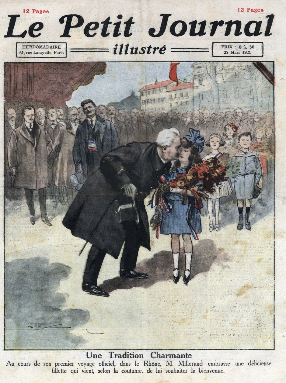 Una niña ofrece un ramo en colores tricolores al Presidente de la República Alexandre Millerand durante uno de sus desplazamientos en el Ródano. Ilustración tomada de “Le petit journal” del 27/03/1921. Colección privada de Anonymous Anonymous