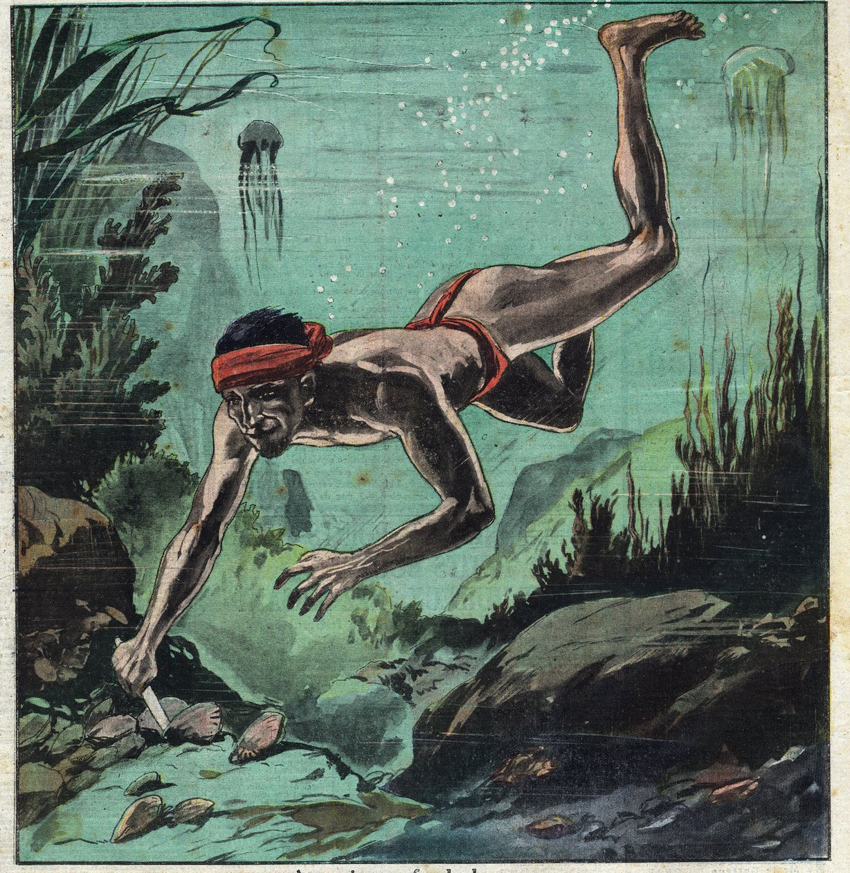 Un investigador de perlas arriesgando su vida en los mares tropicales de Ceilán y Polinesia para suministrar collares y joyas a las elegantes. Ilustración tomada de "Le Petit Journal" 11/03/1923. Colección privada de Anonymous Anonymous