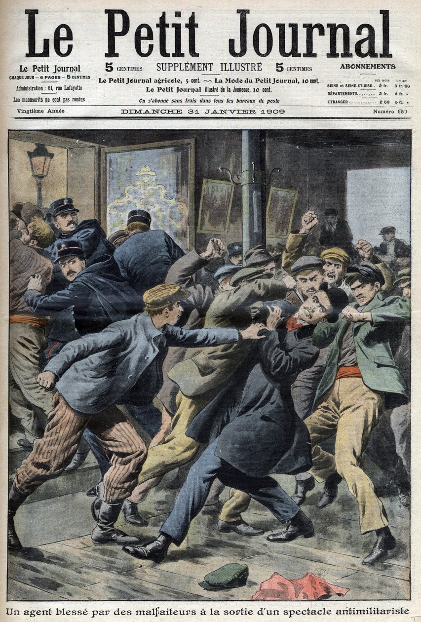 Un policía herido durante una manifestación antimilitarista en Aubervilliers, portada del periódico Petiter Journal 31 de enero de Anonymous Anonymous