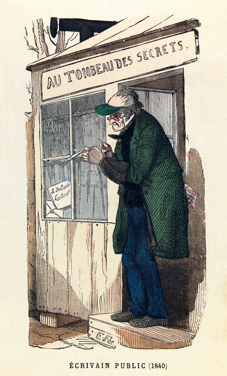 Un escritor público en 1840 en París, grabado de Anonymous Anonymous