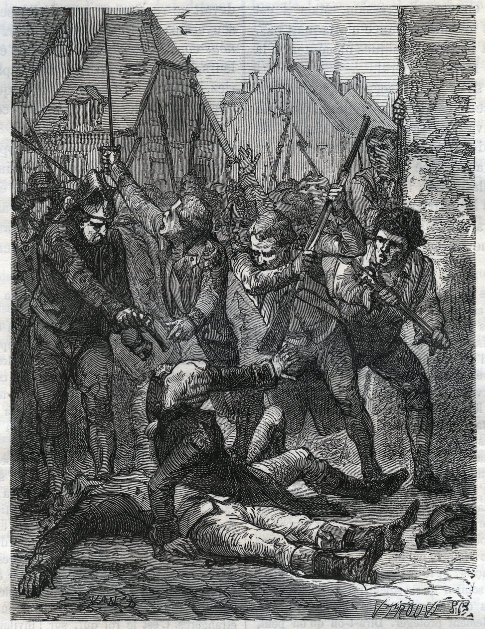 Una escena durante el período de la Revolución Francesa: Theobald de Dillon (1745-1792) y un oficial genio llamado Berthois, fueron masacrados por los soldados y el pueblo de Lille, que los acusaron de traición. Grabado de 1866 en “Histoire de la Revolutio de Anonymous Anonymous