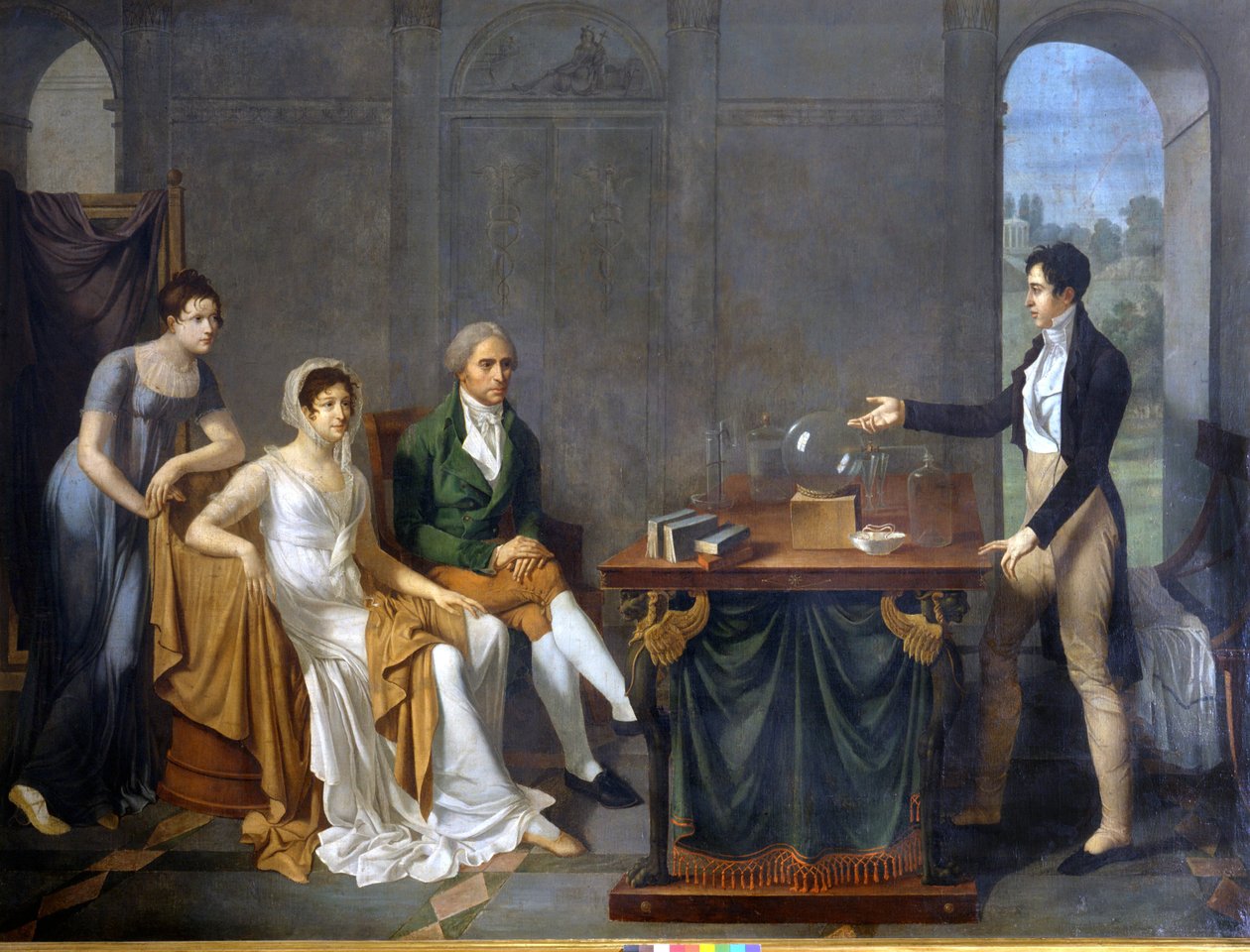 Un científico (probablemente Alessandro (Alexandre) Volta) realizando un experimento científico frente a la familia Melzi Deril. Pintura anónima de Anonymous Anonymous