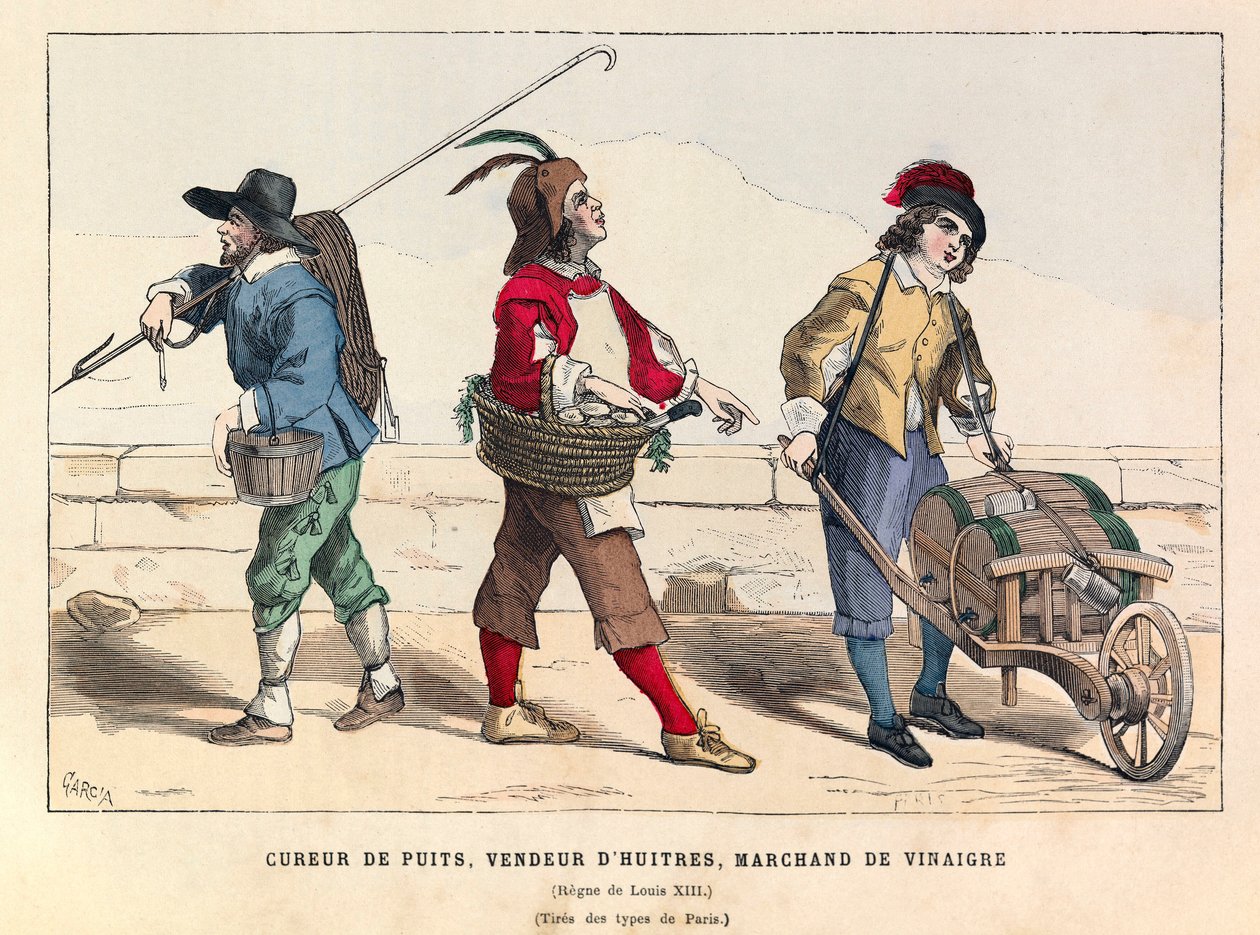 Un tirador de pozo, un vendedor de ostras y un comerciante de vinagre en París durante el reinado del rey Luis XIII (1601-1643) de Anonymous Anonymous