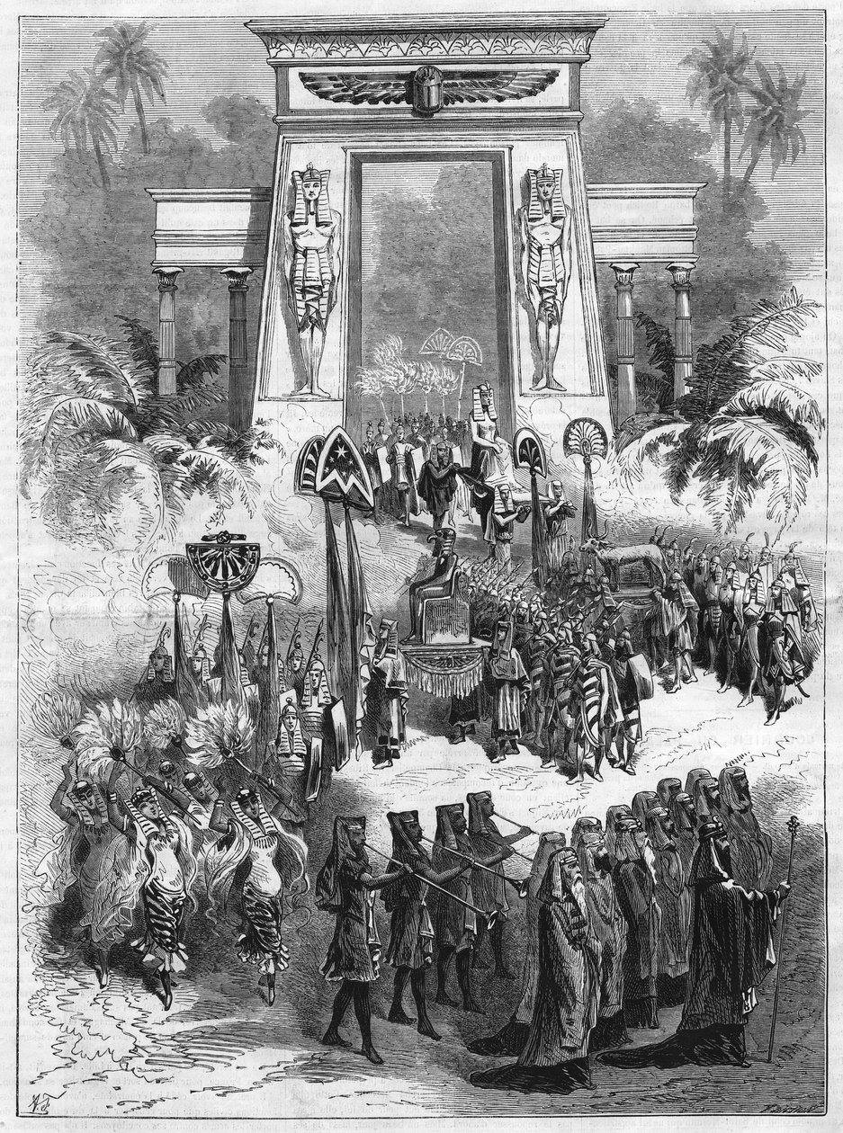 Acto II de la obra, Aida. Gran ópera en cuatro actos y siete cuadros de Giuseppe Verdi (1813-1901) se presenta en el teatro italiano en París. Grabado en “L