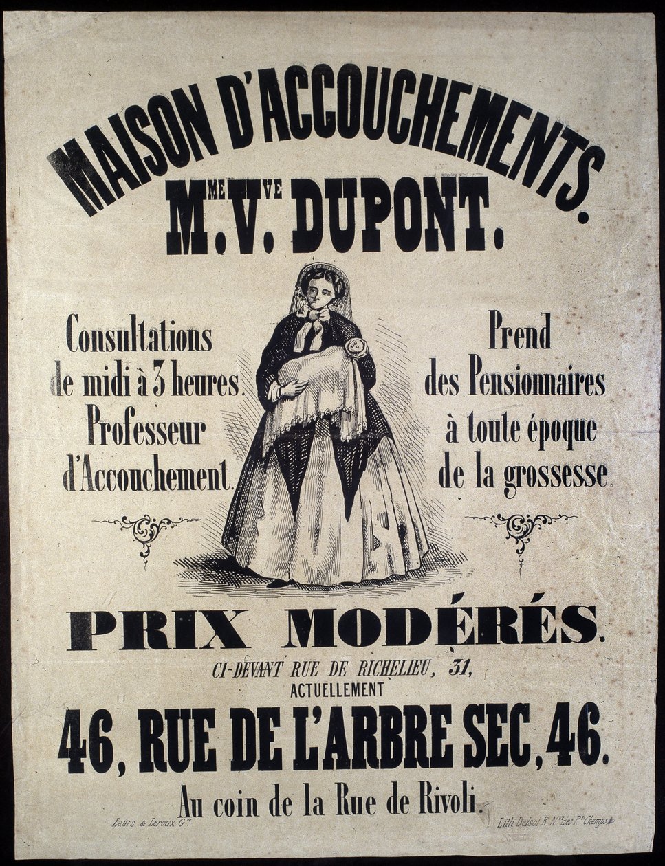 Publicidad para una casa de maternidad en París en 1850. Madame Dupont, precios bajos en 46 rue de l