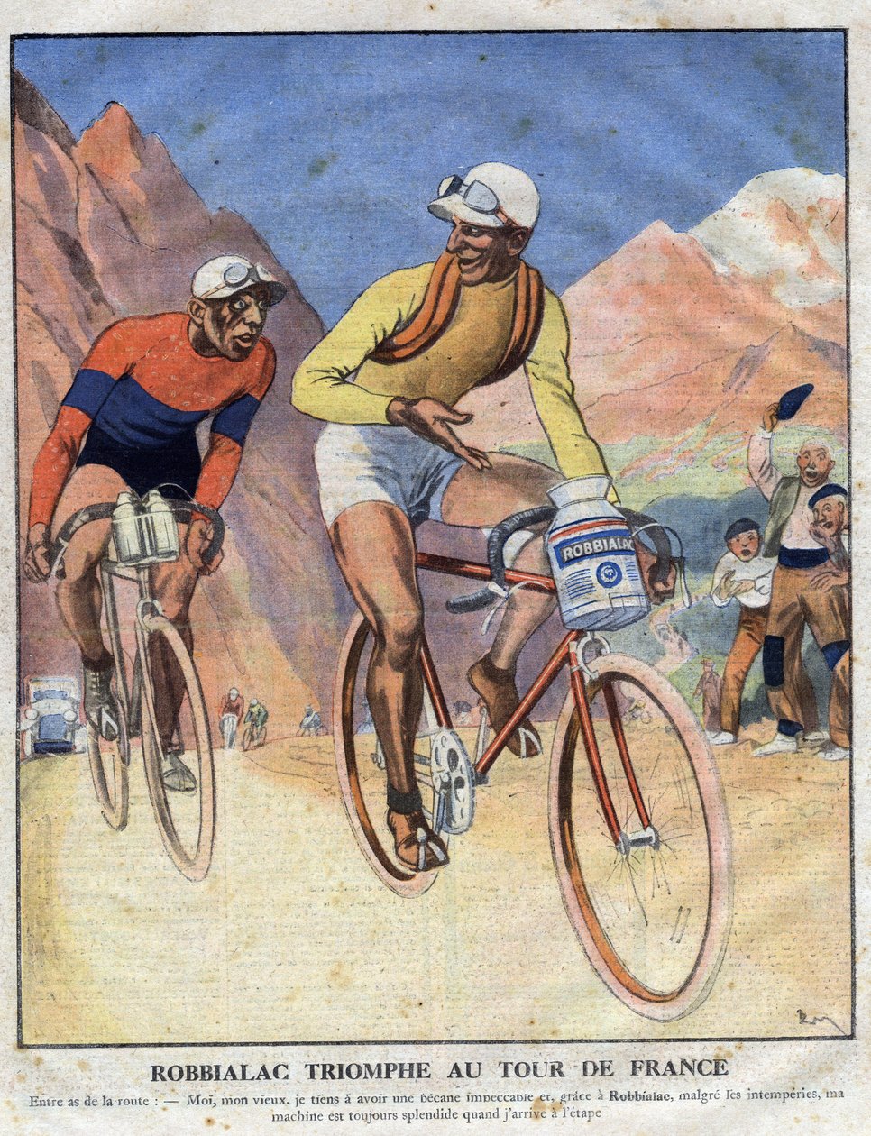 Publicidad para la pintura Robbialac: "El triunfo de Robbialac en el Tour de Francia". Un ciclista vende los méritos de la pintura Robbialac para su bicicleta. Grabado. Uno de "El Pequeño Diario Ilustrado" de Anonymous Anonymous