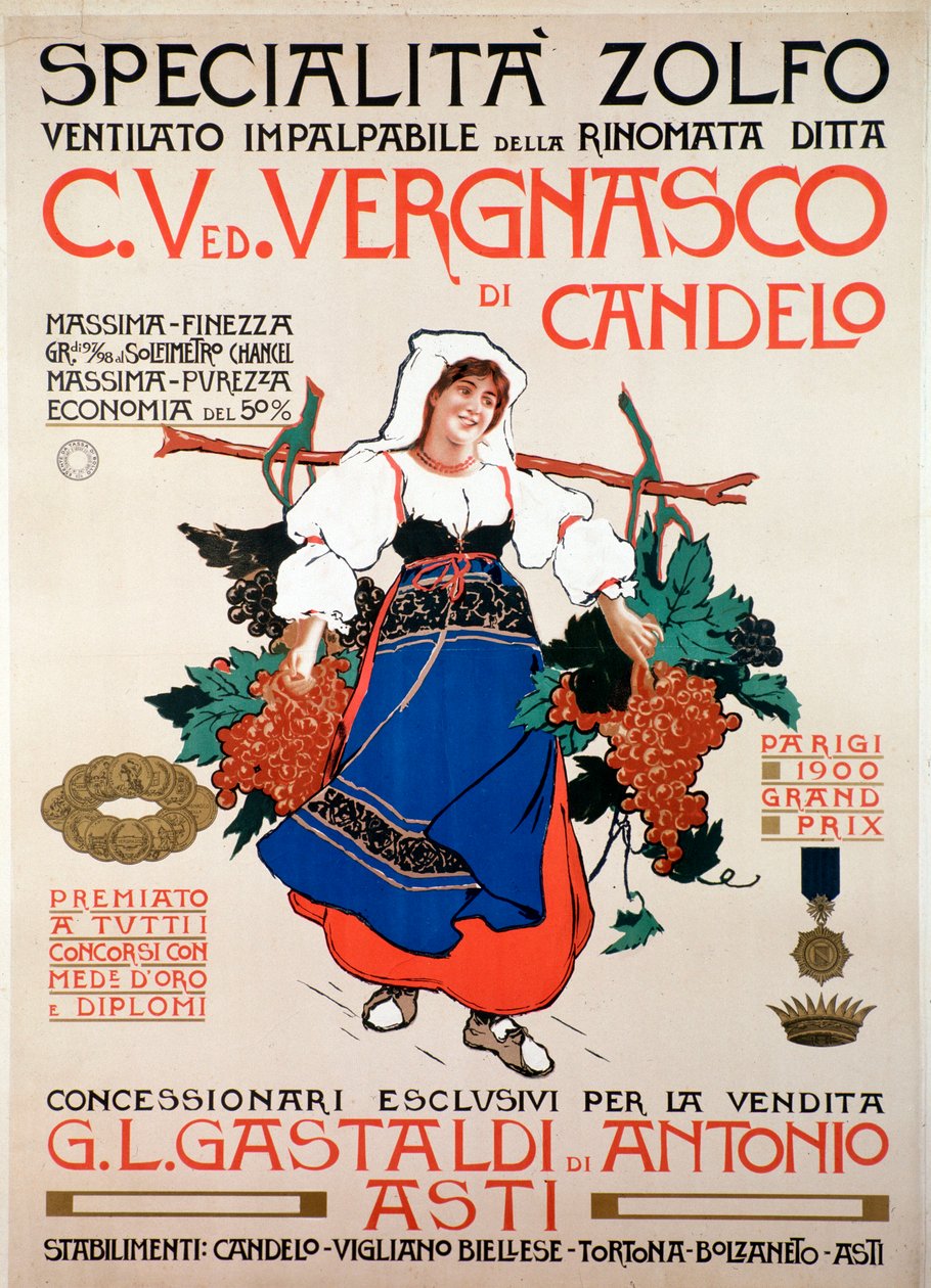 Cartel publicitario para el fungicida azufre tamizado producido por la empresa italiana Vergnasco Candelo, siglo XX de Anonymous Anonymous