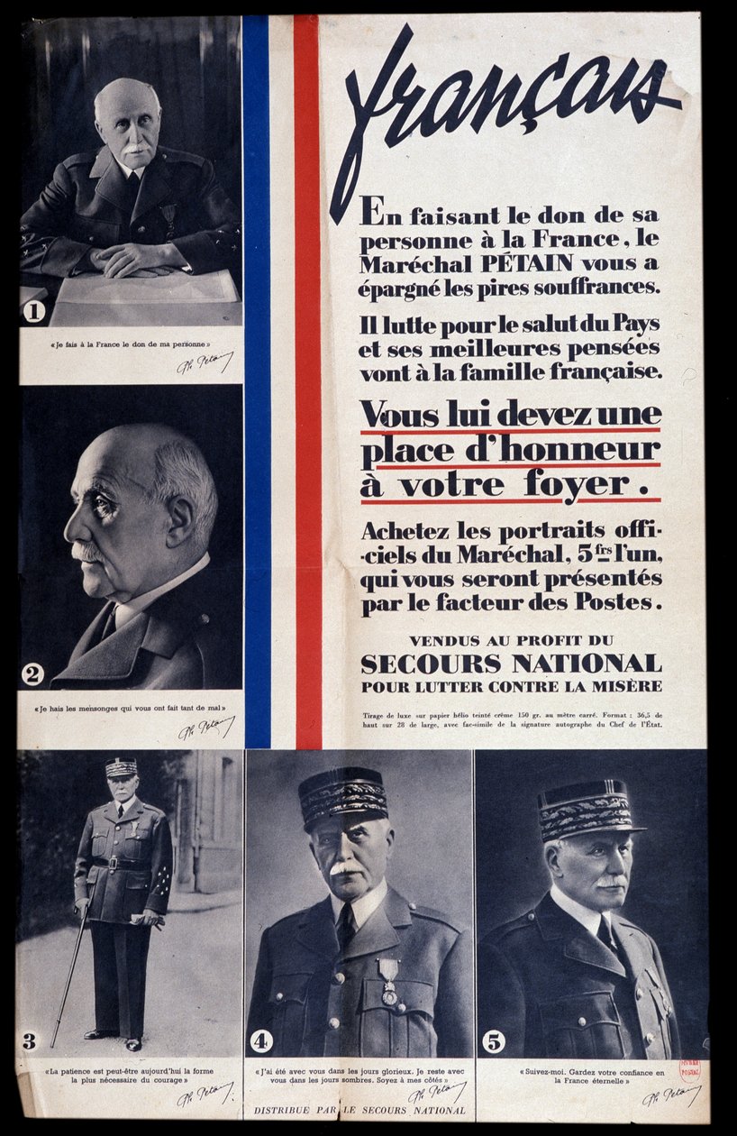 Póster publicitario para la venta de retratos del Mariscal Philippe Petain durante la Segunda Guerra Mundial elogiando a Petain (vendido para el beneficio del alivio nacional para combatir la pobreza) de Anonymous Anonymous