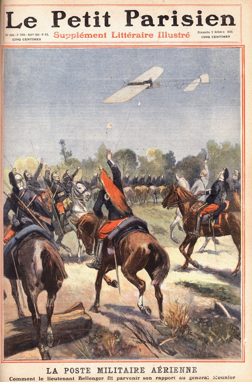 Correo militar aéreo: cómo el Teniente Georges Bellenger (1878-1977) envió su informe al General Meunier, portada del periódico "Le Petit Parisien" el 2/10/1910 (grabado) de Anonymous Anonymous