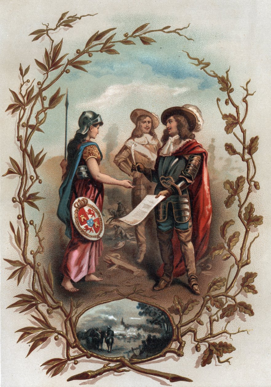 Alegoría relativa al Tratado de Aquisgrán. Firmado el 2 de mayo de 1668 entre Francia y España, puso fin a la Guerra de Devolución y cedió Flandes a Francia. Cromolitografía en “Turenne; sa vie, les institutions militaires de son temps” (1884) por Jules Ro de Anonymous Anonymous