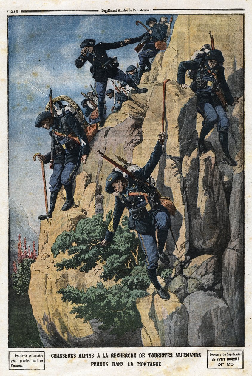 Cazadores alpinos buscando turistas alemanes perdidos. Querían ir a la montaña Nero (Casco del Nero) del macizo de Chartreuse. Grabado en 