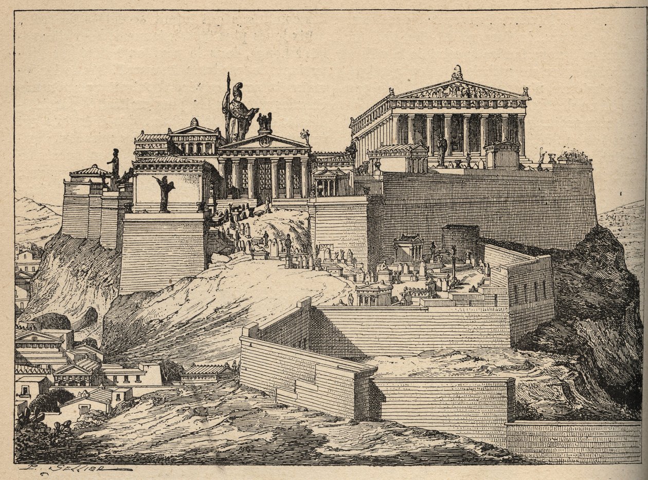 Antigua Grecia: el Partenón, templo de Atenea, en la colina de la Acrópolis de Atenas (Antigua Grecia: Atenas, Acrópolis - Partenón - grabado de 1890 de Anonymous Anonymous