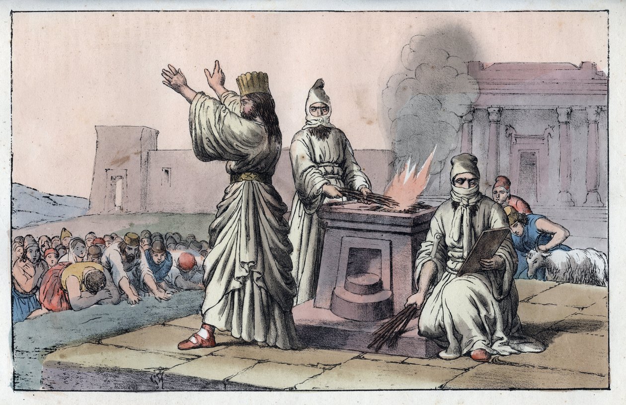 Civilización persa antigua: magos, sacerdotes oficiales y discípulos de Zaratustra - grabado de 