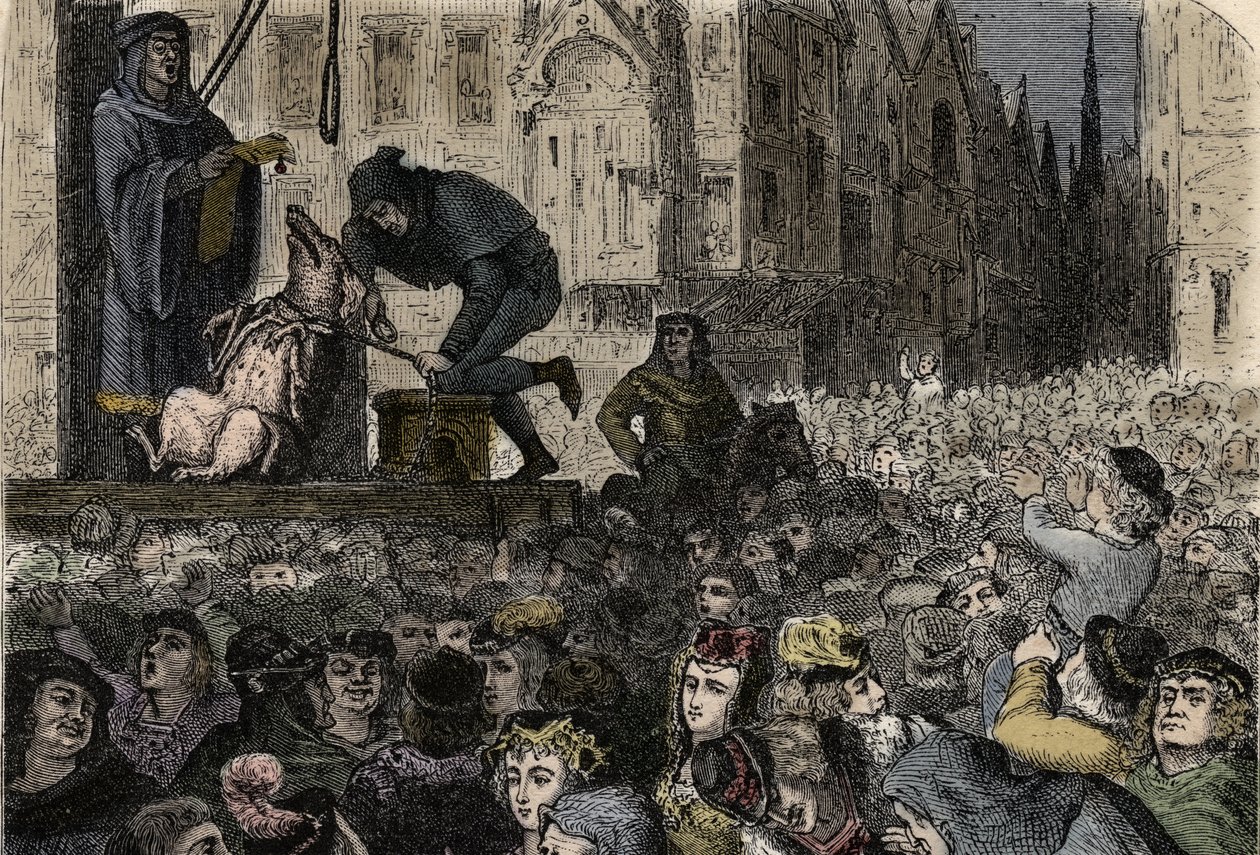 Juicios de animales - Los juicios de animales en la Edad Media - Ejecución de la cerda infanticida de Falaise - grabado de “El hombre y la bestia” por Arthur Mangin - 1872 - de Anonymous Anonymous
