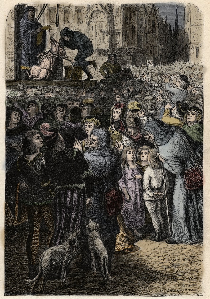 Juicios de animales - Los juicios de animales en la Edad Media - Ejecución de la cerda infanticida de Falaise - grabado de “El hombre y la bestia” por Arthur Mangin - 1872 - de Anonymous Anonymous